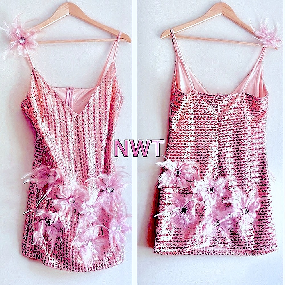 NWT Pink ostrich feather gold sequin shift party plunge S fits 4 -6 luxe custom